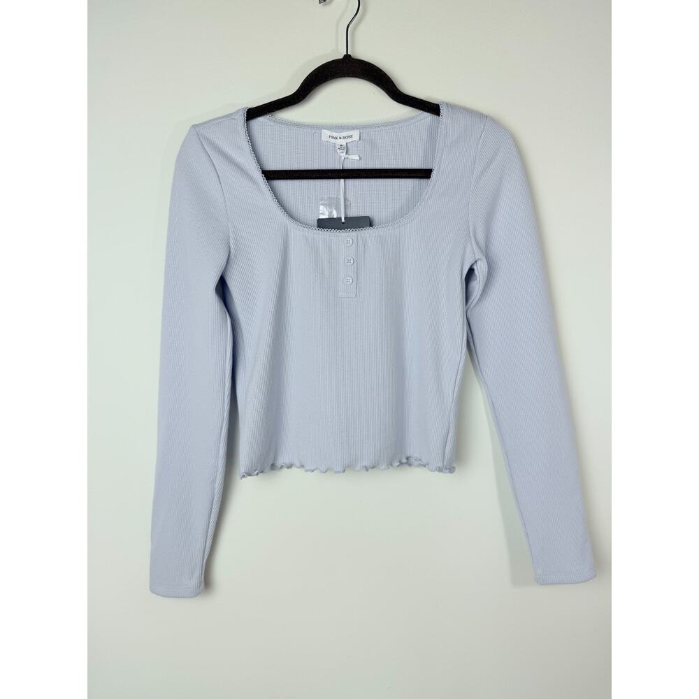 Pink Rose Waffle Knit Cropped Henley Top Blue Lettuce Hem Y2K Soft Girl M